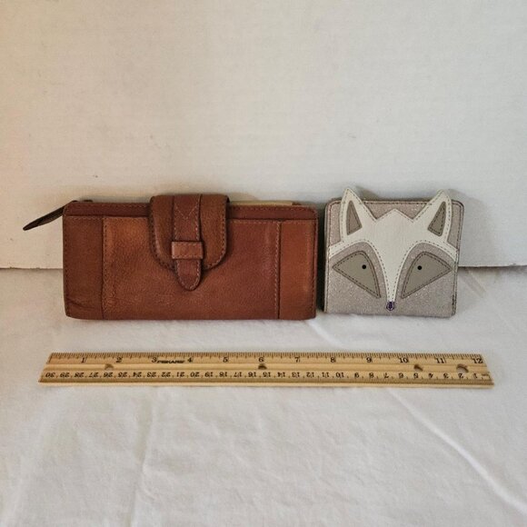 Fossil set of 2 wallets, brown leather and small, fun Fox wallet - Picture 1 of 5